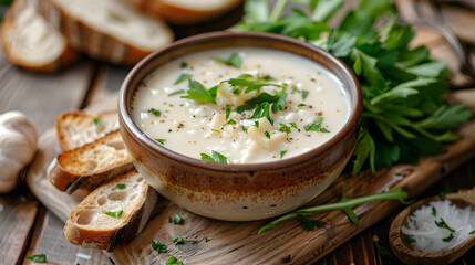 A serving of silky soft white broth. decorated with fresh greens and pieces of baguette on the side. 