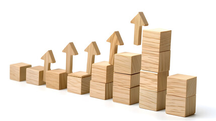 Obraz premium A set of wooden blocks are arranged in the shape of an upward trending graph. with arrows pointing upwards to show growth and progress towards a goal or target 