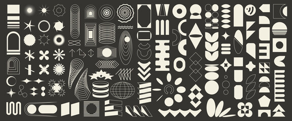 Big set of 100 brutalist abstract geometric elements, brutal contemporary figure, swiss design , bauhaus memphis shapes and grids, isolated, black and white