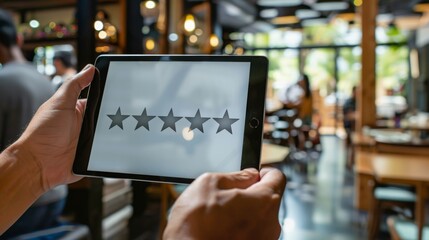 A person holds a tablet displaying five stars, indicating a positive customer review, inside a bustling restaurant.