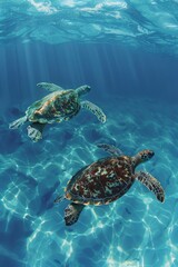 Sea turtles calmly swimming in the sunlit blue waters of the ocean, exemplifying wildlife beauty