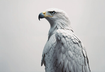 Obraz premium The image is a close-up of a bald eagle's head and shoulders. The eagle is looking to the right of the frame. Its feathers are dark brown and its beak and talons are yellow. The background is a gradie