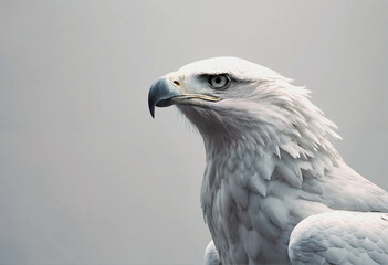 Obraz premium The image is a close-up of a white-feathered eagle's head, looking to the right.