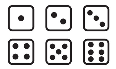 Dice graphic icons set. Red, white, black game dice cubes from one to six dots. Gambling objects to play in casino, poker. Six faces of cube. Traditional die with numbers of dots from 1 to 6. Vecto