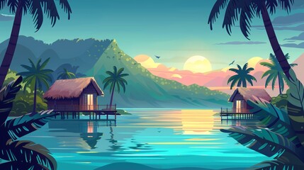 Fototapeta premium Vector illustration of beautiful scenic landscape of tropical sea beach.