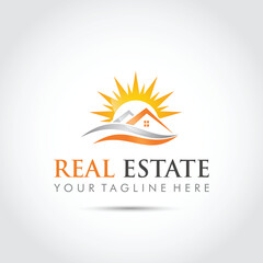 Real Estate Logo template with Sunset. vector Illustrator