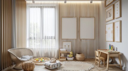 Cozy and Modern Children's Playroom with Wooden Furniture and Toys, Generative AI