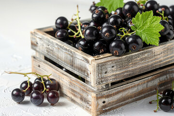 Black currants in a wooden box on a white background. Farm bioproducts.