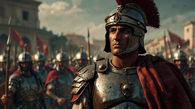 Roman Soldier in Full Armor with a Red Plume on His Helmet
