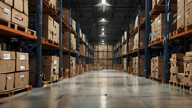 Large Warehouse with High Shelving and Cardboard Boxes