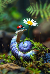 Ladybug and snail on mushroom with daisy