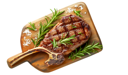 tomahawk steak with rosemary twig and peppercorn, PNG transparent background with shadow
