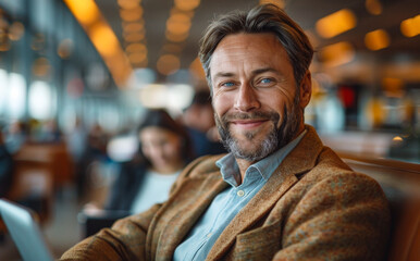 Fototapeta premium Man smiles while sitting in airport lounge.