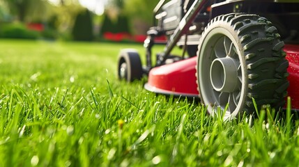 Fototapeta premium Close-up of a lawnmower on green grass made with Ai generative technology