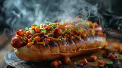 Hot dog with various toppings and smoke on wooden board