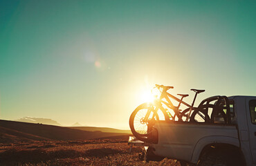 Sports, lens flare and bicycle on car in nature for training, workout and exercise in countryside....