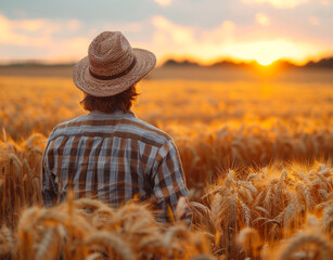 Fototapeta premium Farmer standing in wheat field looking at sunset