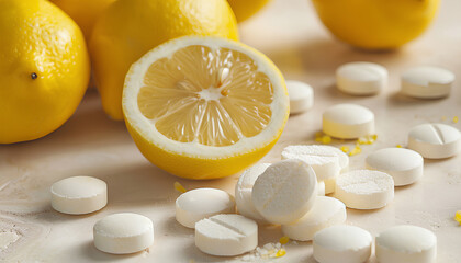 Vitamin C effervescent tablets and lemons on beige grunge table