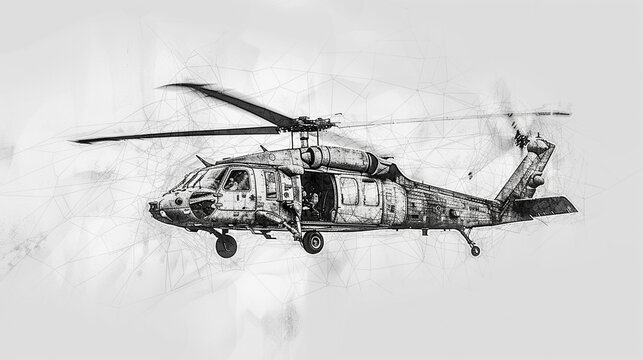 Detailed Line Art Drawing of a Blackhawk Helicopter