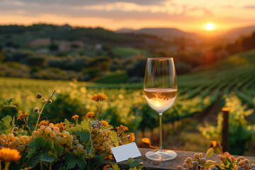 white wine glass on table with vineyard background in the style of golden hour light