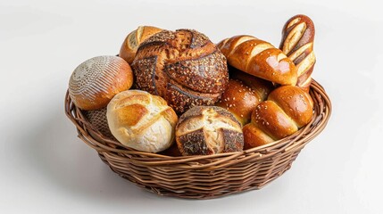 Assorted bread rolls in a basket for breakfast on a white background