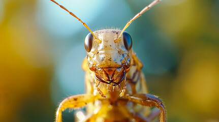 Fototapeta premium Grasshopper is looking at the camera. A termite attack