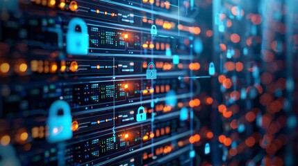 Cybersecurity and Data Protection Concept with Locked Server Racks, Generative AI
