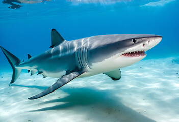 Naklejka premium Great white shark in deep blue water.