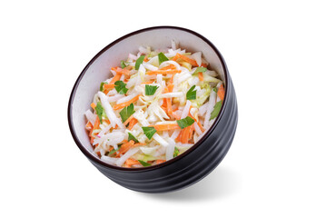 Radish cabbage coleslaw in a bowl on a white isolated background