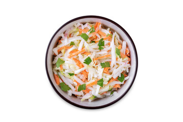 Radish cabbage coleslaw in a bowl on a white isolated background