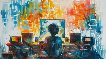 A watercolor painting of a gamer sitting at their desk, playing video games. The room is full of colorful lights and the gamer is surrounded by gaming equipment.