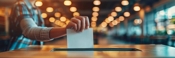 Obraz premium Democratic vote: Hand inserting ballot at polling booth
