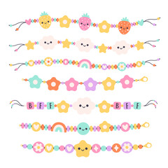 Kids jewelry set. Colorful handmade bracelets with plastic beads. Friendship bracelets. Vector illustration in flat style