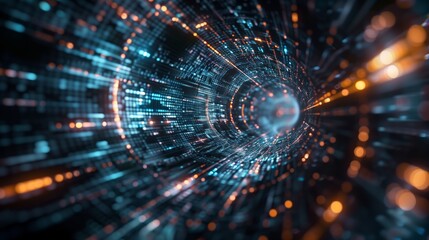 The image depicts a futuristic digital data tunnel with glowing particles, merging technology and abstract elements in an intriguing manner. It showcases a blend of modern design and innovation