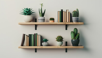 Modern shelves with books and cacti hanging on light wall