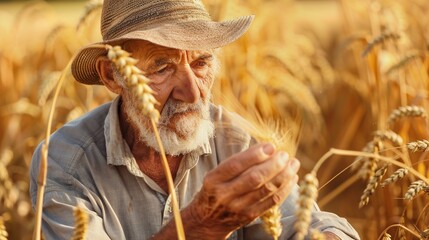 Senior experienced male farmer working in golden wheat field.