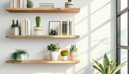 Modern shelves with books and cacti hanging on light wall