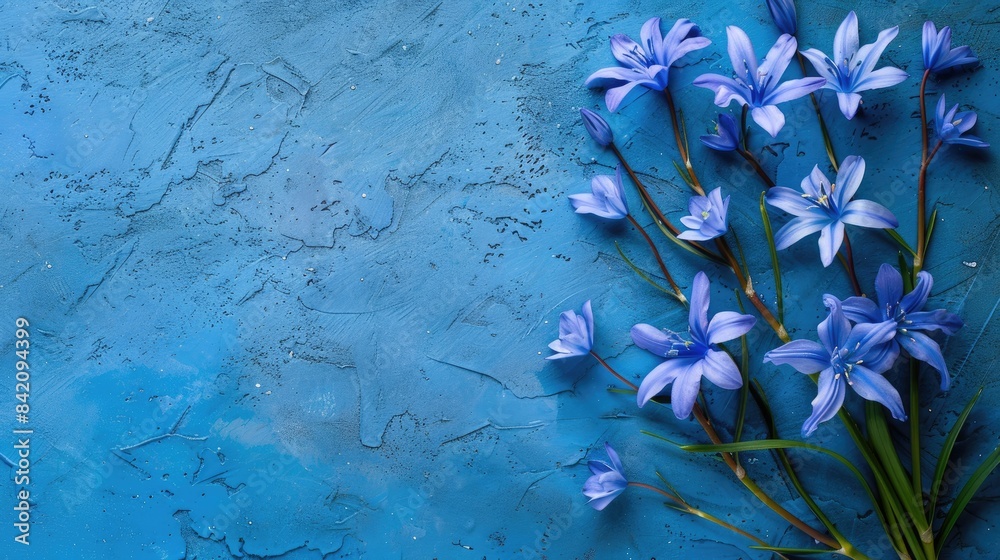 Wall mural blue scilla flowers on a blue surface from above with blank space for text blossoms in spring