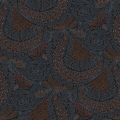 Vector wavy seamless pattern. Colored contour fan shaped floral print of flowers, leaves on a black background