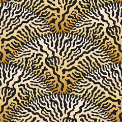 Vector wavy seamless pattern. Black and gold fan shaped floral and animal print from doodle stripes