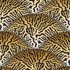 Vector wavy seamless pattern. Black and gold fan shaped floral and animal print from doodle stripes