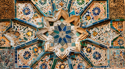 Intricate Geometric Ceiling Design with Star Motifs.