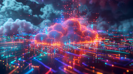 Fototapeta premium Vibrant Digital Cloud with Glowing Circuits and Data Streams.
