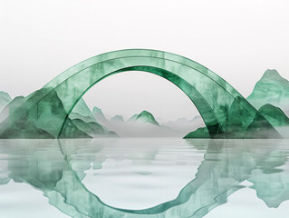 Serene Arched Stone Bridge Over Calm Waters with Misty Mountain Reflection, Featuring Small Boats Passing Underneath