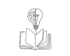 One single line drawing of shining light bulb with human brain above open text book logo identity. continuous line draw design graphic vector illustration