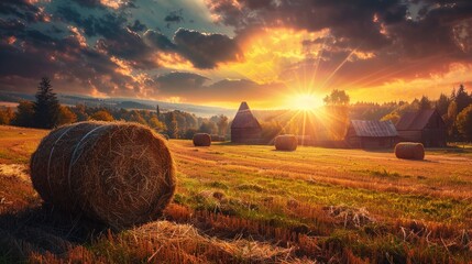 Closeup view of dry crop hay bale in farm land field with golden warm sunlight