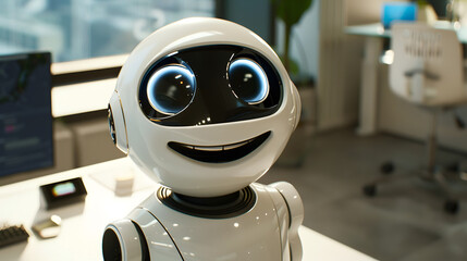 Fototapeta premium A white robot with big eyes smiling and laughing. looking at the camera in an office environment 