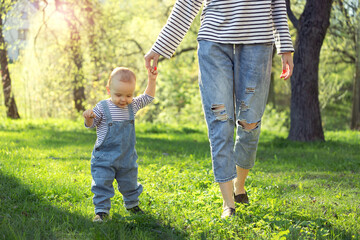 Fototapeta premium Mother holding hands of her baby son when walking in nature, baby's first steps concept.