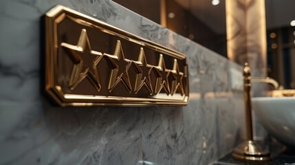 A gold plaque with five stars, indicating a five-star rating, is mounted on a marble wall in a luxury bathroom. The plaque is visible above a sink with a gold faucet.