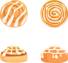Set of four distinct cinnamon roll and sweet pastry illustrations, perfect for bakery themes